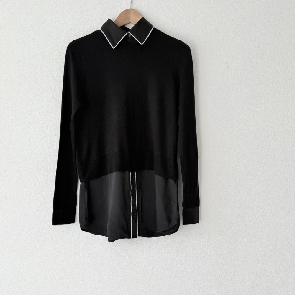 SANDRO PARIS - Luxury Black Knit & Satin Detachable Collar Top